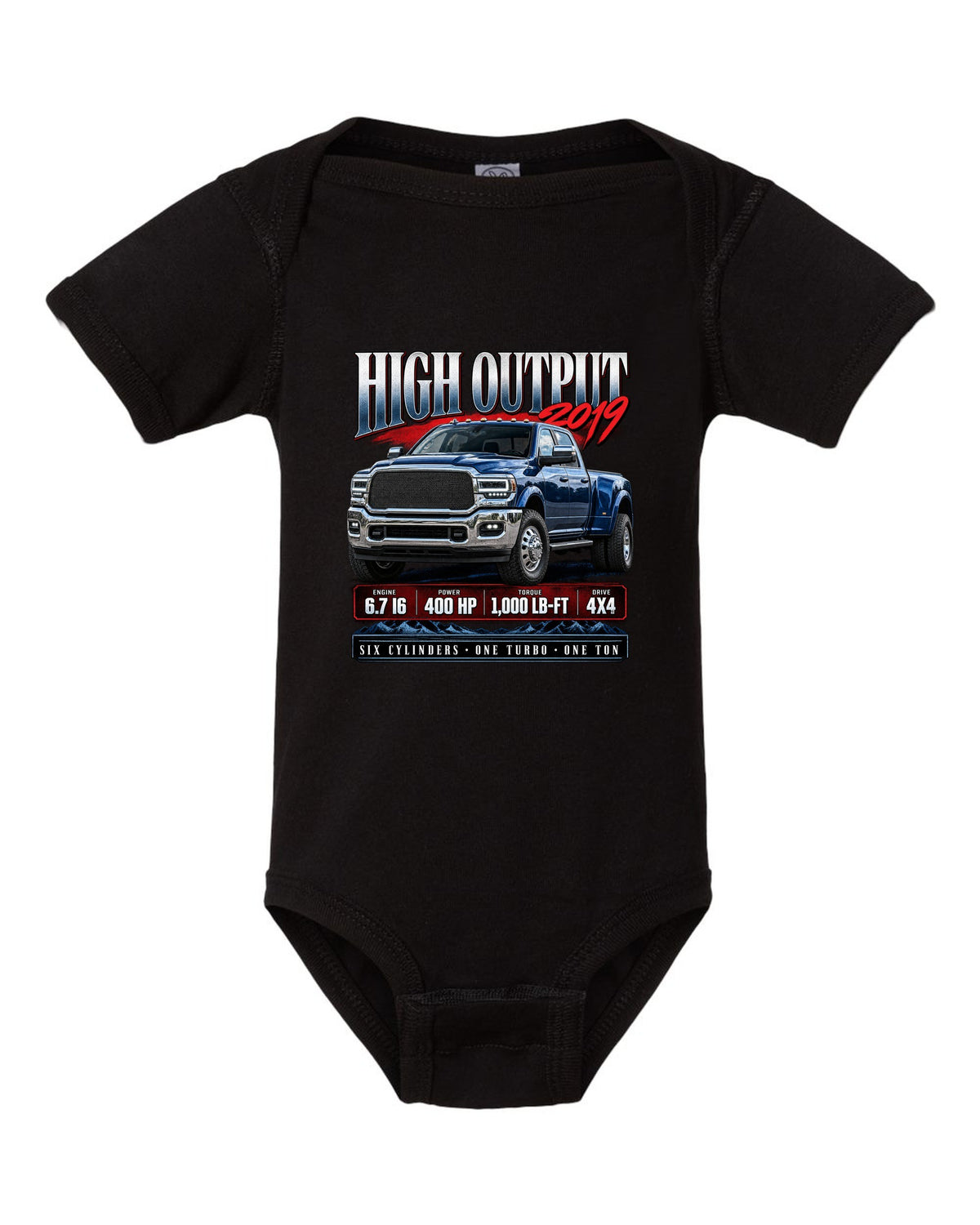Archive panel of a 2019 Ram 3500 5th gen High Output 6.7 with 400 HP and 1,000 lb-ft black baby onesie front view with the design