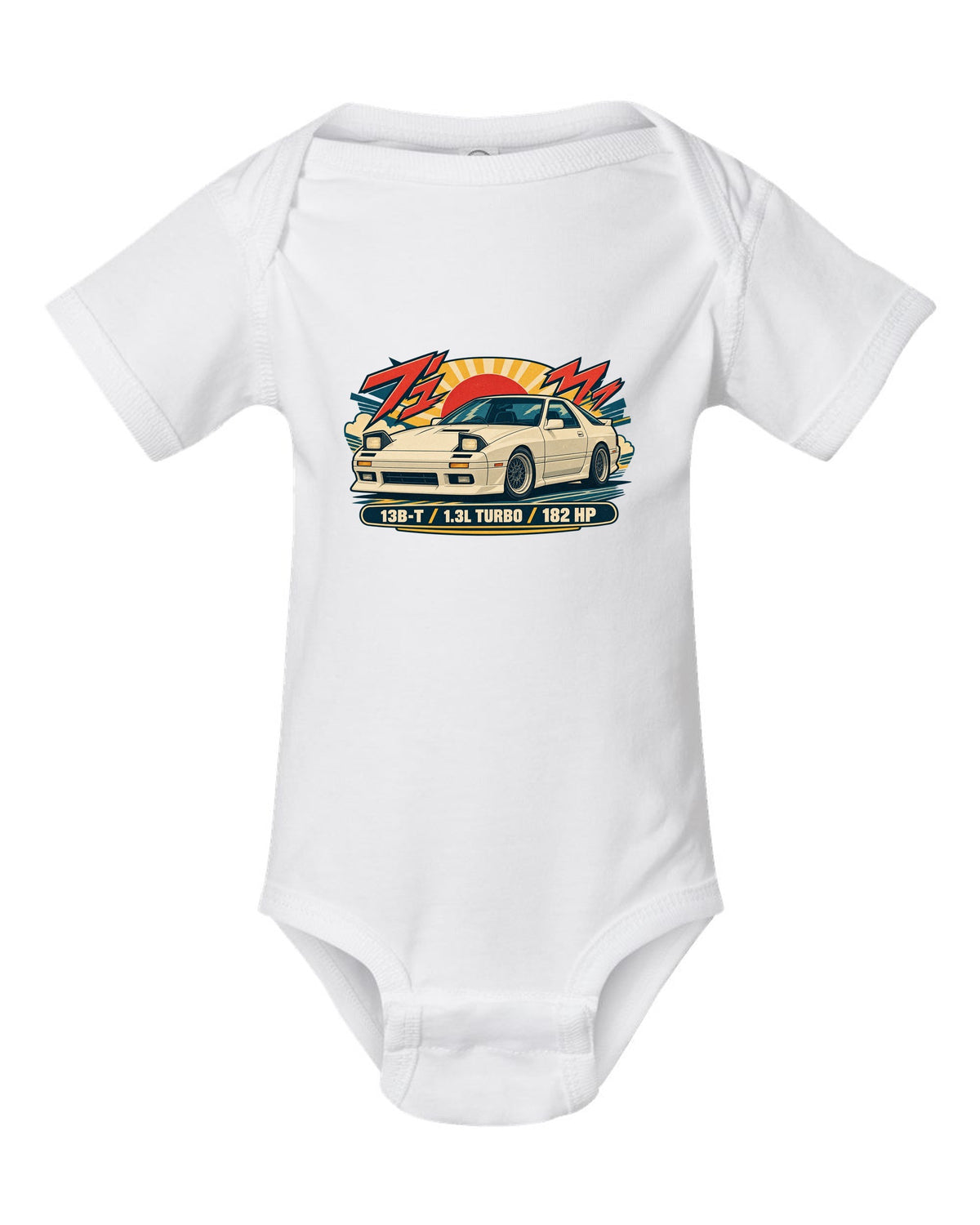 Risograph style overhead print of a Mazda MX-5 ND with the text ND 50:50 white baby onesie front view with the design