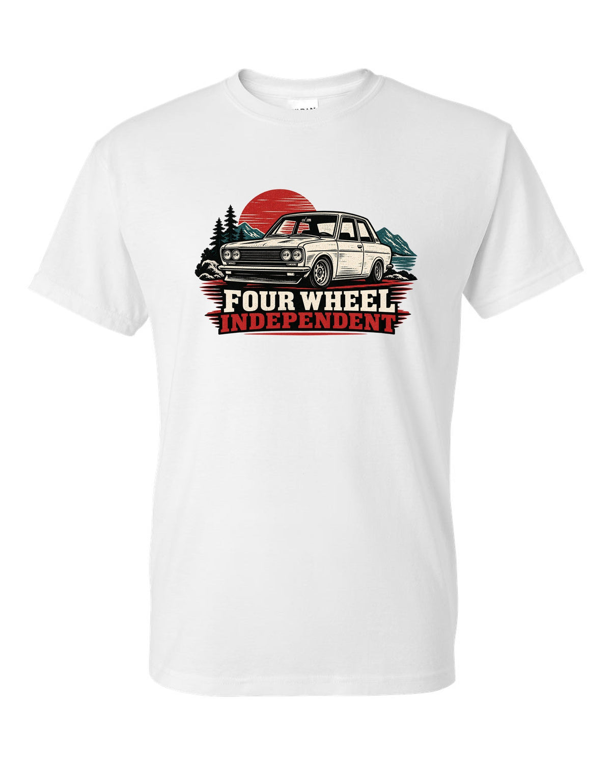 Linocut print of a Datsun 510 with Four Wheel Independent lettering white t-shirt front view with the design