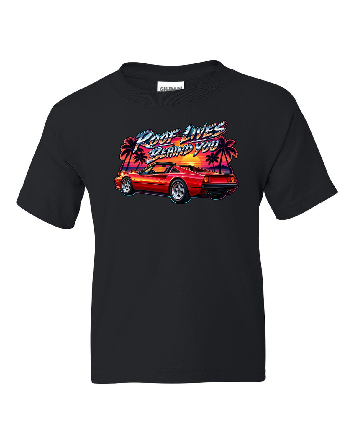 1980s airbrush style print of a Ferrari 308 GTS targa at sunset with palm trees black kids tee front view with the design