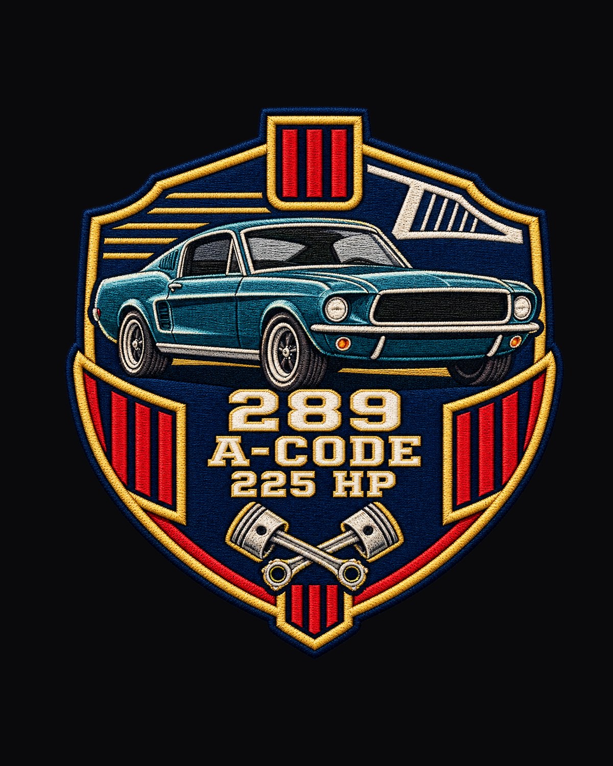 1967 Ford Mustang Fastback A-Code 289 Varsity Crest Shirt design only