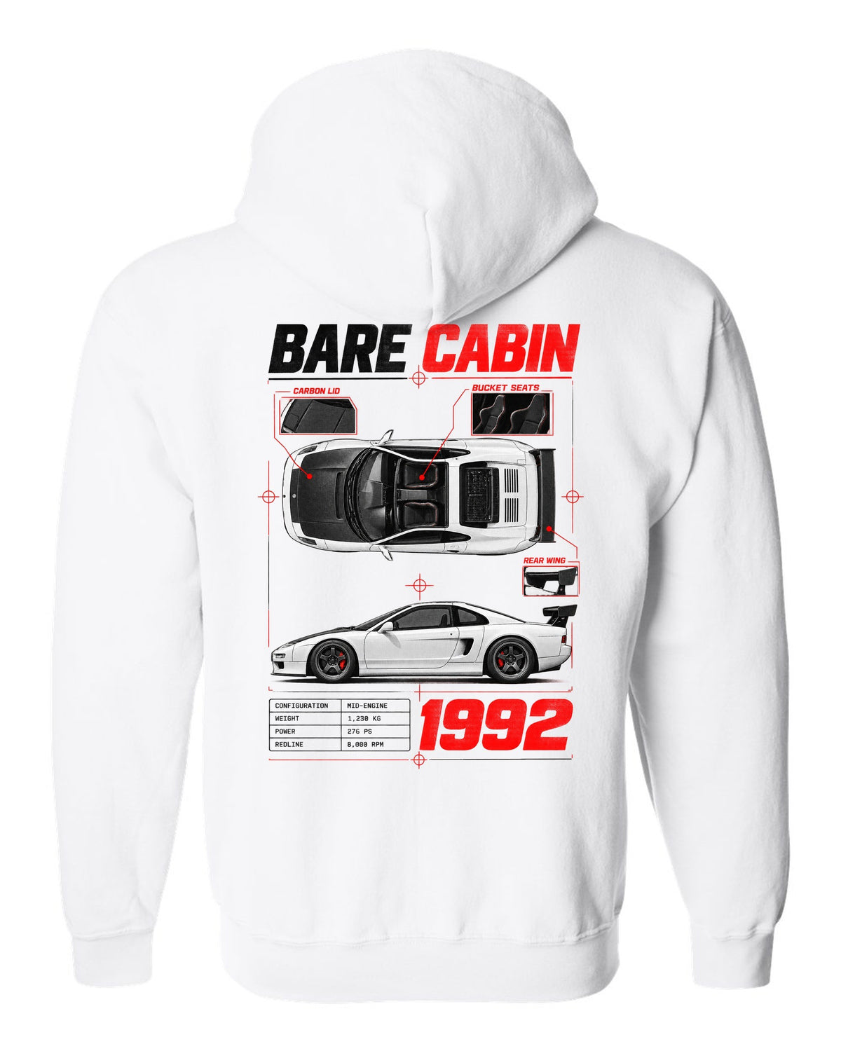 Spec poster print for the 1992 Honda NSX-R NA1 listing bare cabin, bucket seats and carbon lid white zip hoodie back view with the design