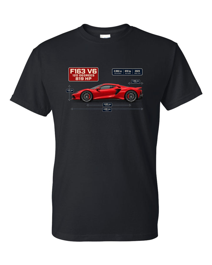 Blueprint style print of a signal red Ferrari 296 GTB with dimension lines black t-shirt front view with the design