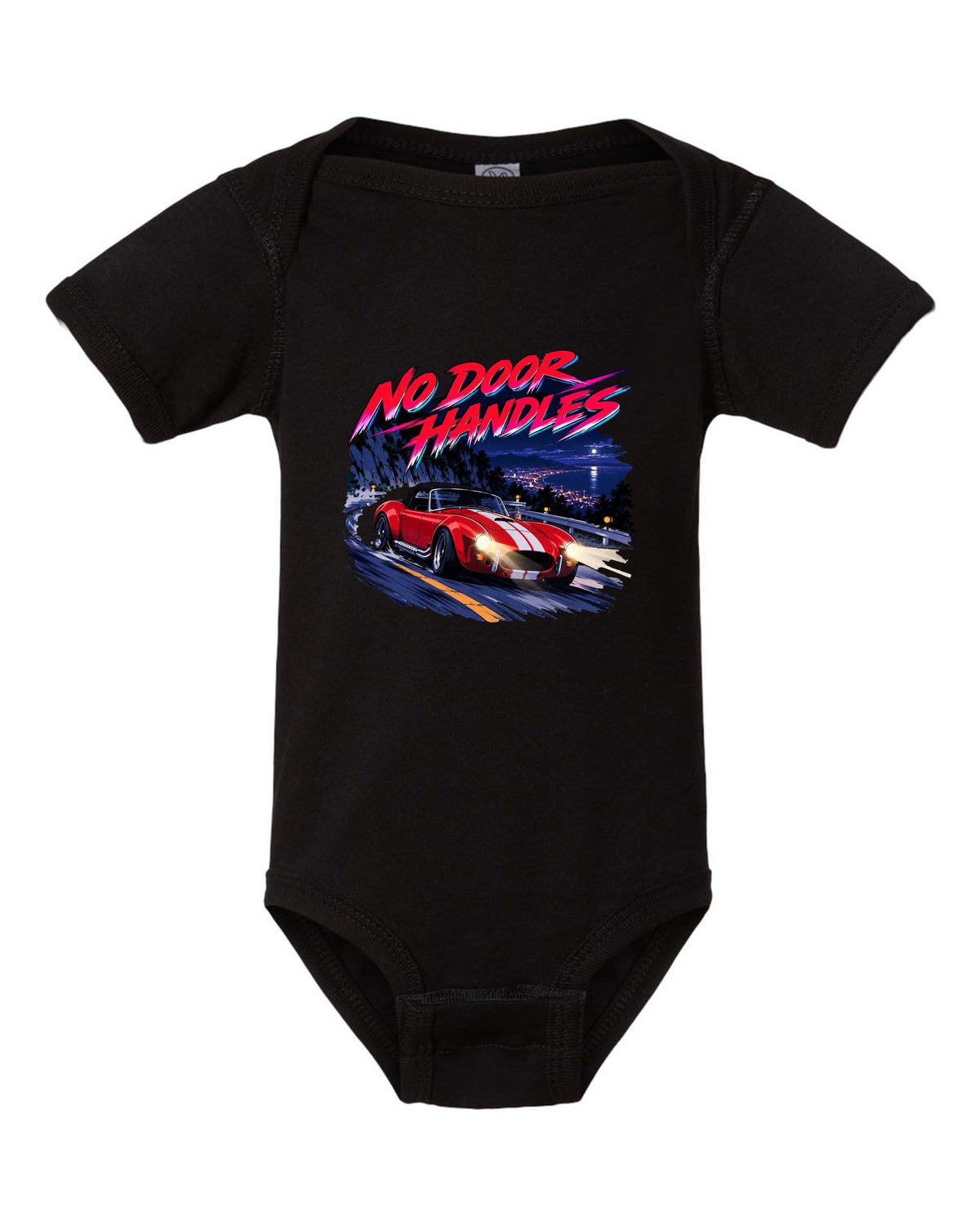 Cel-shaded anime night touge scene with a 1995 Dodge Viper RT/10 SR I and no door handles caption black baby onesie front view with the design