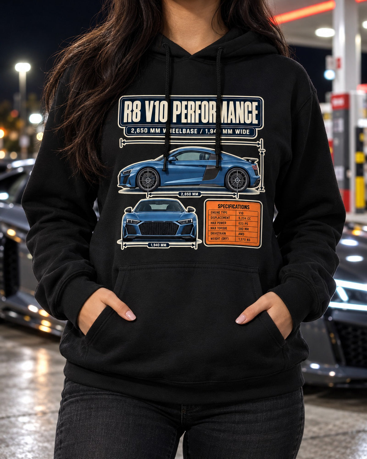 Audi R8 V10 Performance Dimension Blueprint Tee, Type 4S Car Shirt Pull Over Hoodie Black worn hero