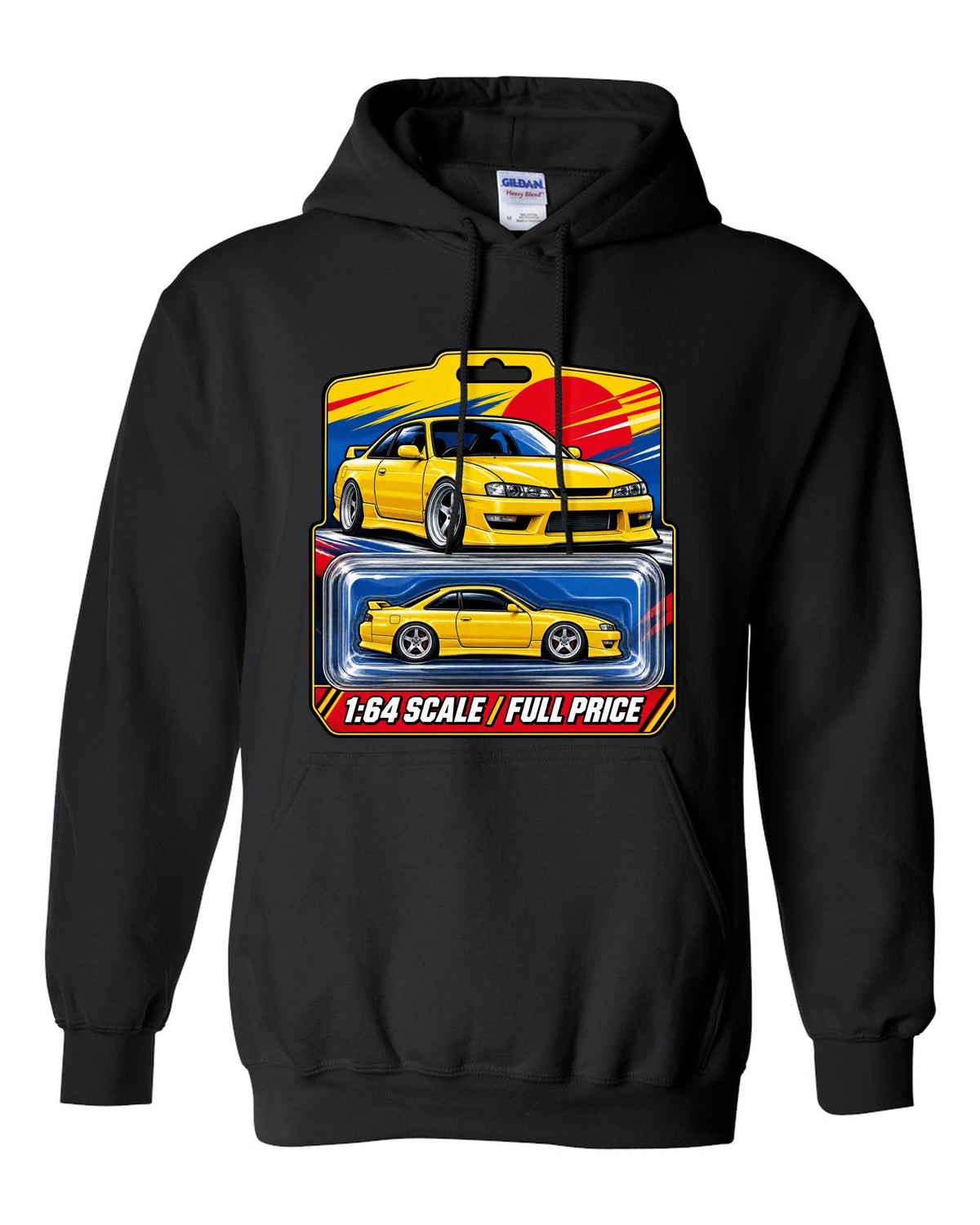 Toy blister card layout print of a Nissan Silvia S14 with 1:64 scale full price text black pull over hoodie front view with the design