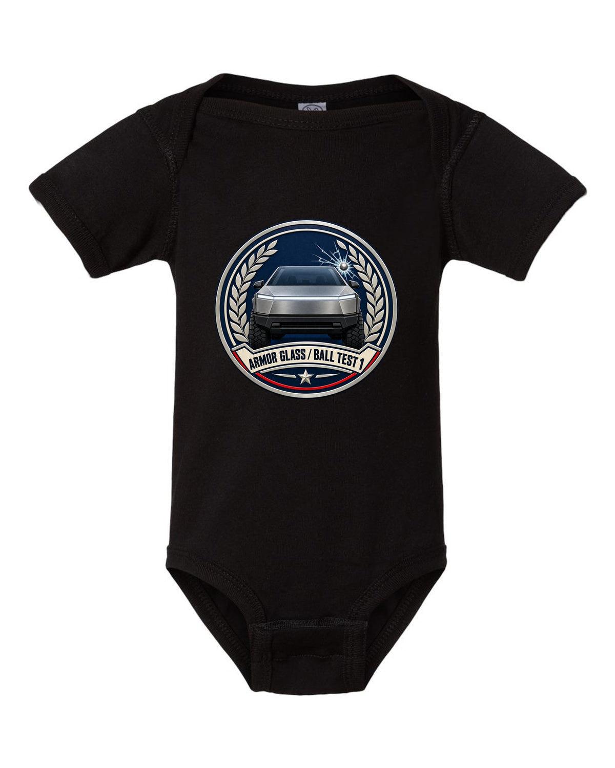 Round crest design of a 2023 Tesla Cybertruck with the words Armor Glass Ball Test 1 black baby onesie front view with the design