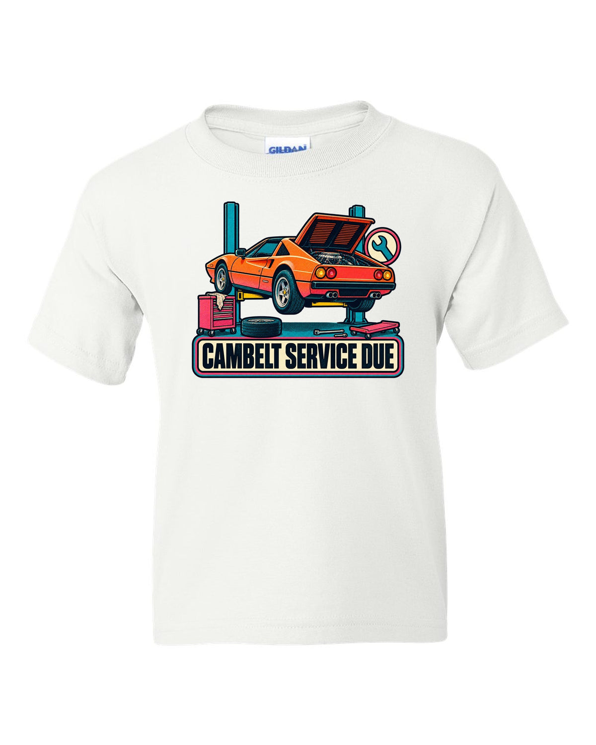 Risograph two-colour halftone print of a Ferrari 308 GTS with the text cambelt service due white kids tee front view with the design