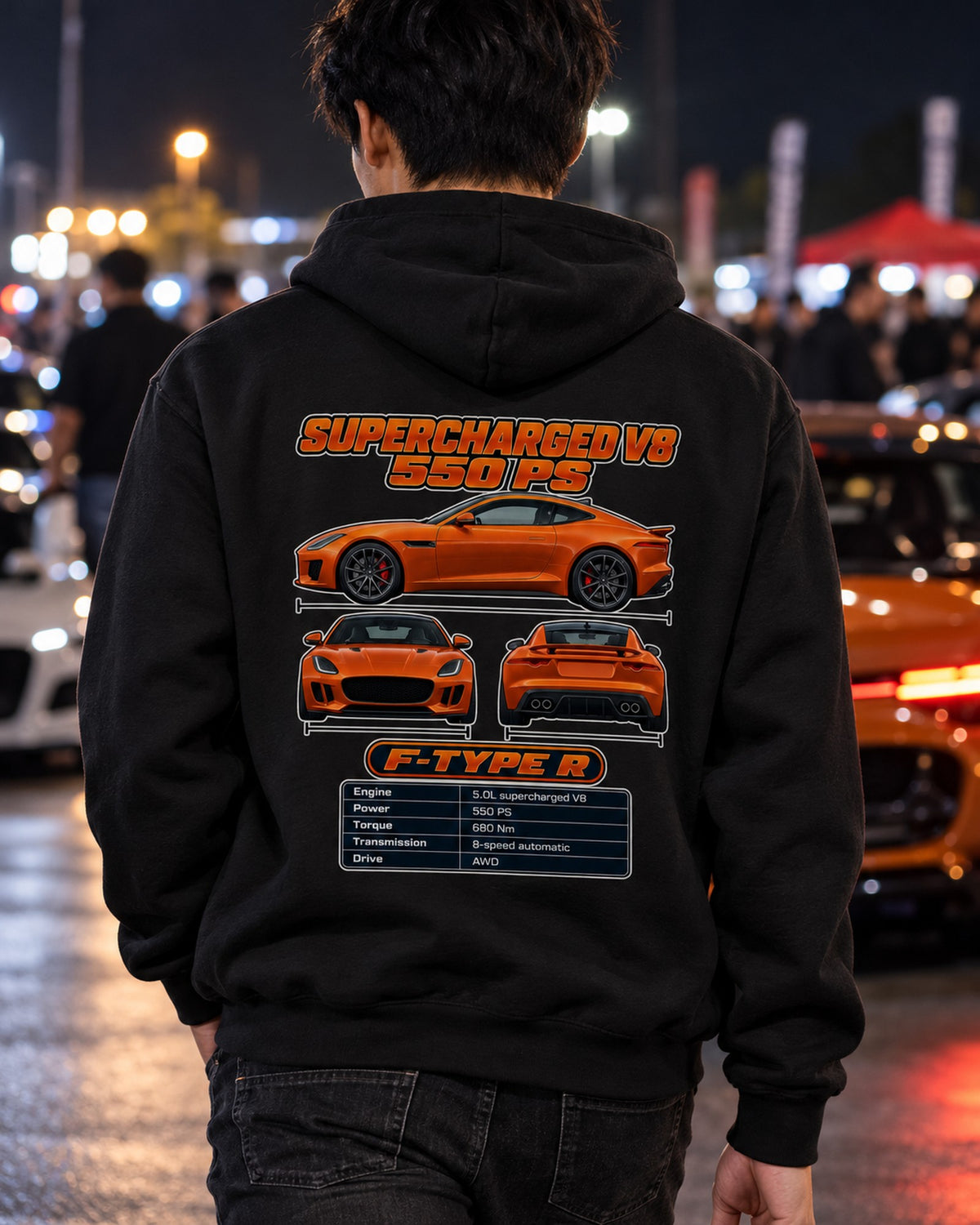Jaguar F Type R Spec Sheet Full-Back Graphic Tee Pull Over Hoodie Black worn hero