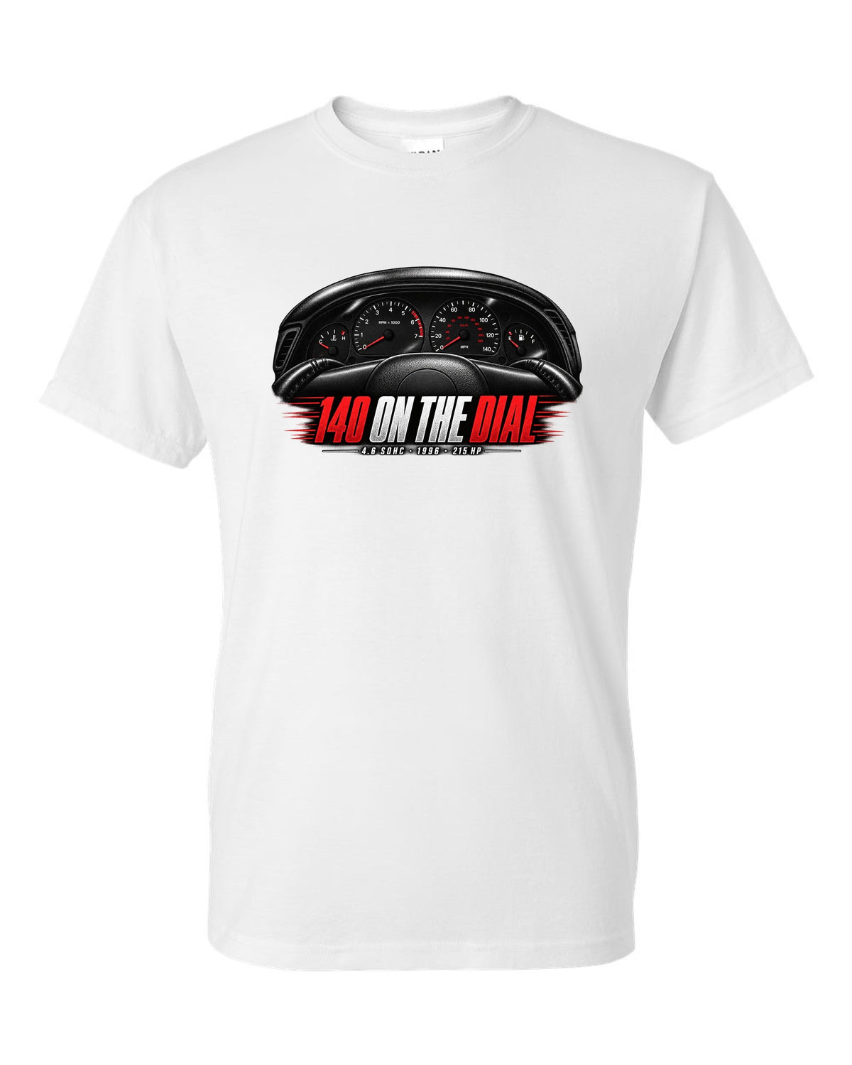 print of an SN95 Ford Mustang GT gauge cluster with 140 on the dial white t-shirt front view with the design