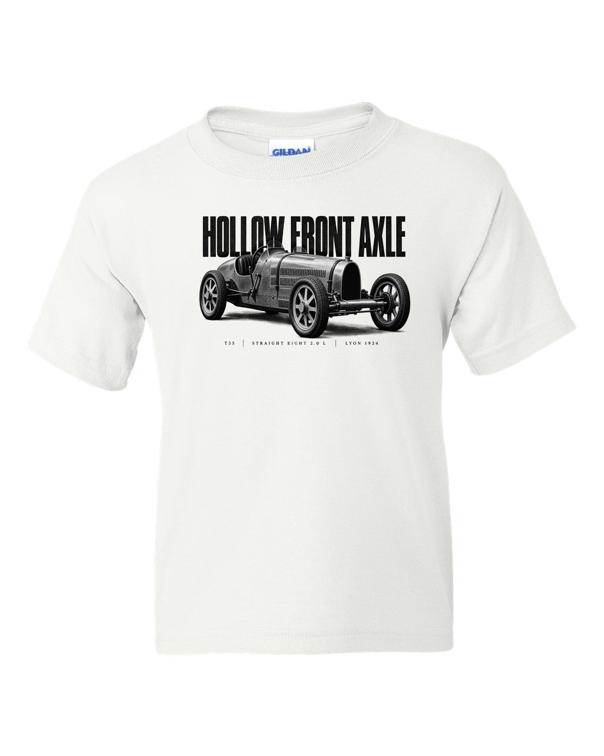 Bugatti Type 35 1924 hollow axle halftone print white kids tee front view with the design