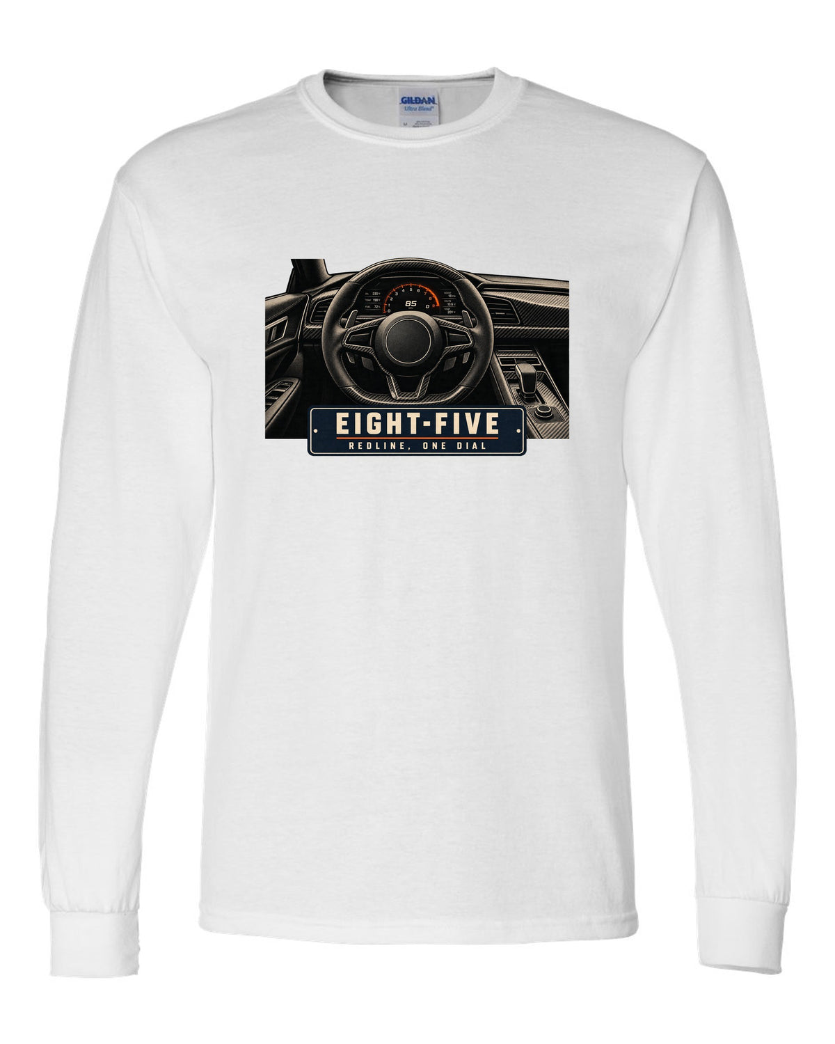 Cockpit and single dial of the Koenigsegg Jesko with carbon tub and flat dash, print white long sleeve front view with the design