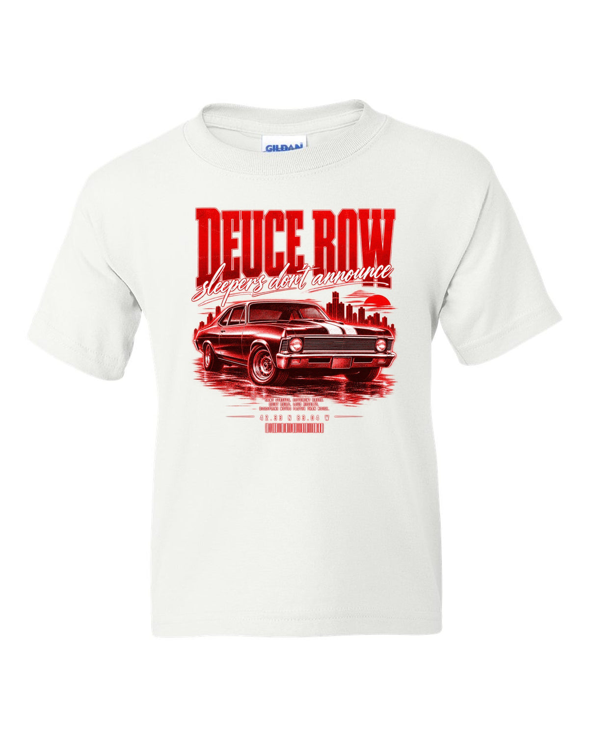 Street-poster print of a 1969 Chevrolet Nova SS with Deuce Row lettering white kids tee front view with the design