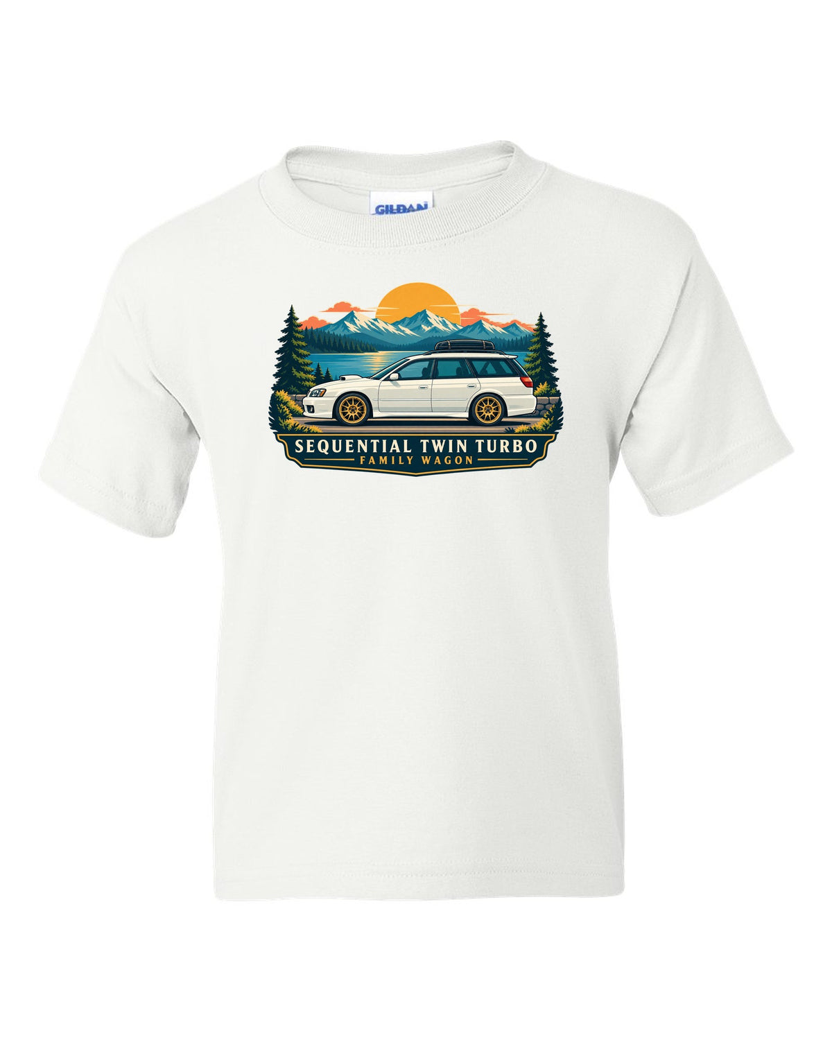 Subaru Legacy BC5 RS as a linocut, 100,000 KM / AT 223 KM/H white kids tee front view with the design
