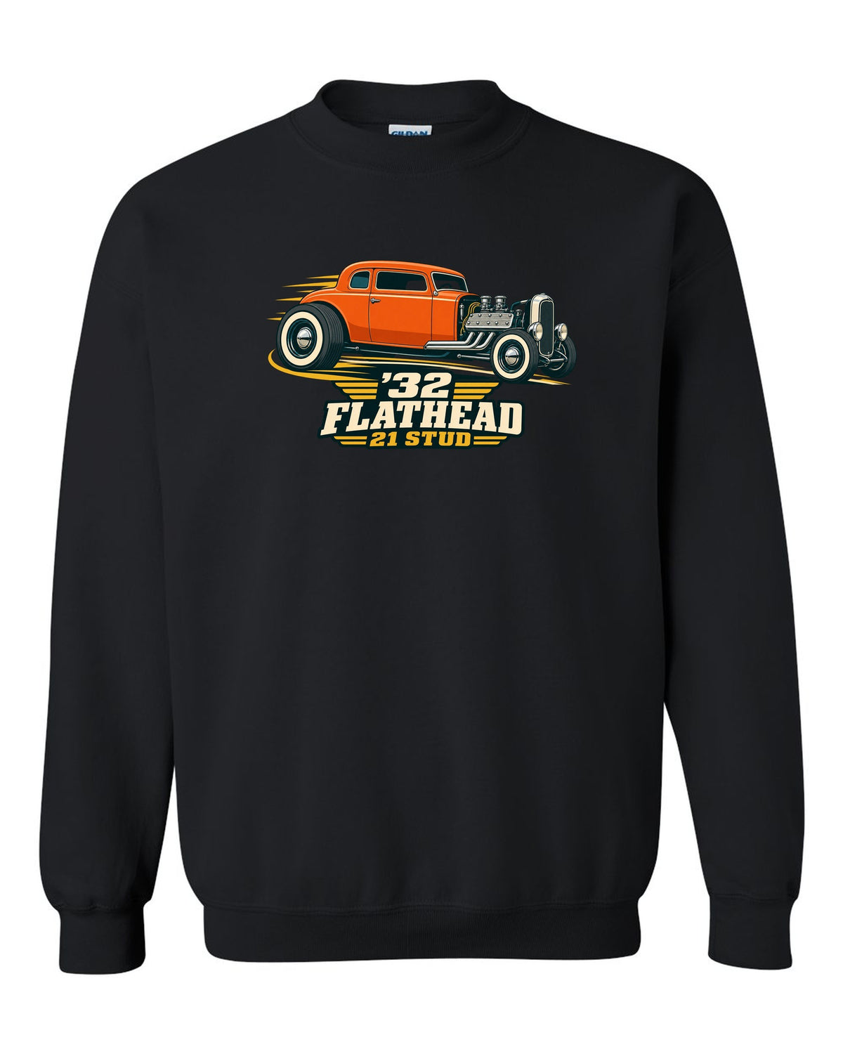 print of a two-tone flat vector 1932 Ford Deuce three-window coupe with flathead lettering black crewneck front view with the design