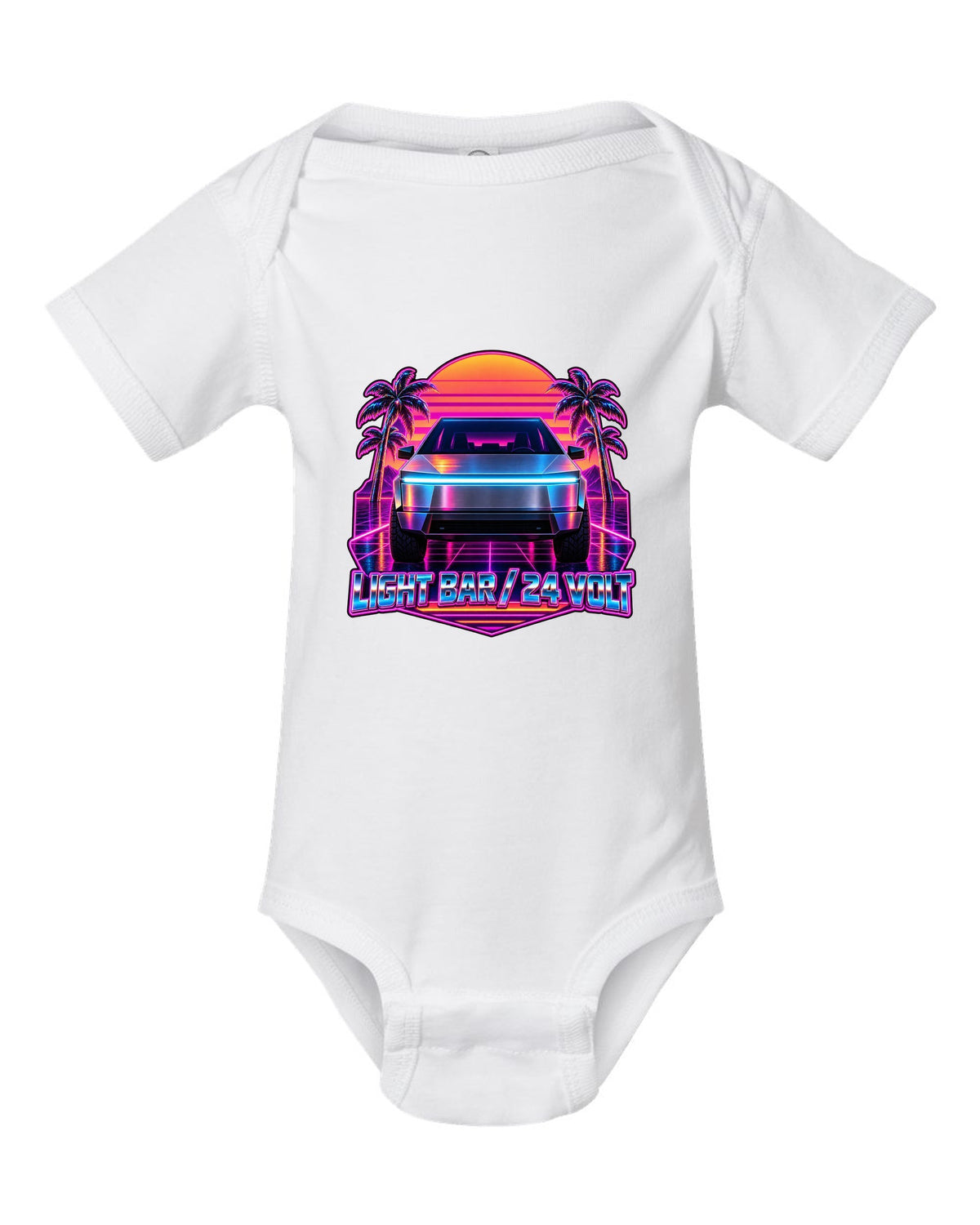 Neon synthwave outrun scene of a 2023 Tesla Cybertruck with the words Light Bar 24 Volt white baby onesie front view with the design