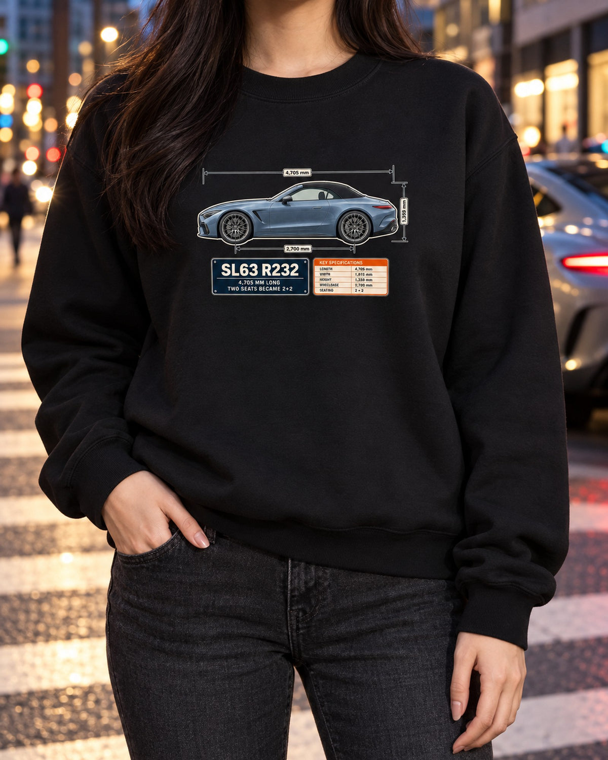 Mercedes-AMG SL63 R232 Dimension Blueprint Shirt, 2+2 Roadster Tee Crewneck Black worn hero
