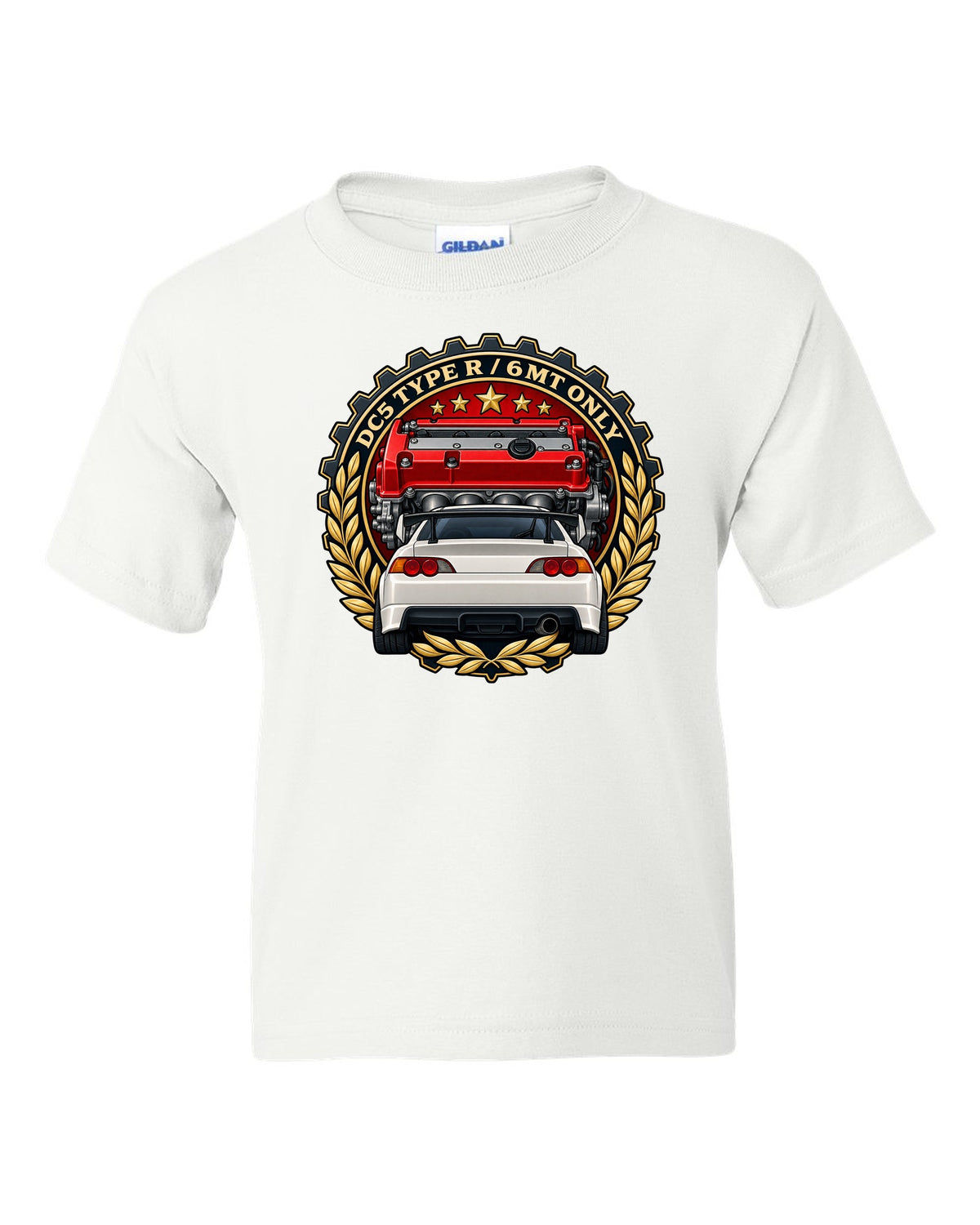 Cel-shaded anime night touge scene with a Honda Integra Type R DC5 white kids tee front view with the design
