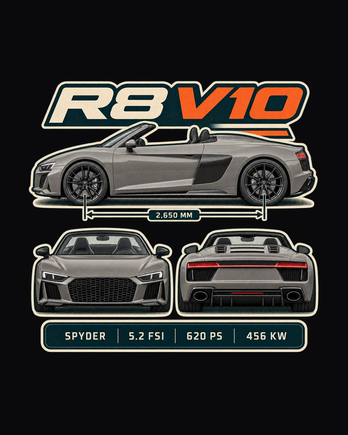 Audi R8 Spyder V10 Performance Three-View Spec Table Shirt design only