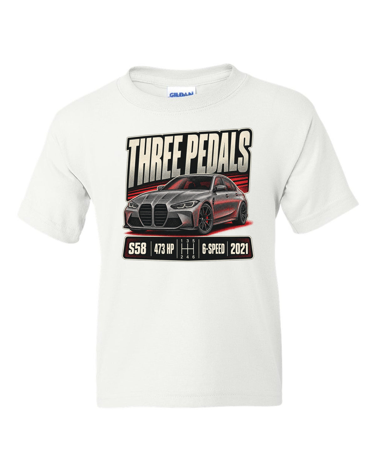 BMW M3 G80 six-speed manual halftone print with three pedals text white kids tee front view with the design