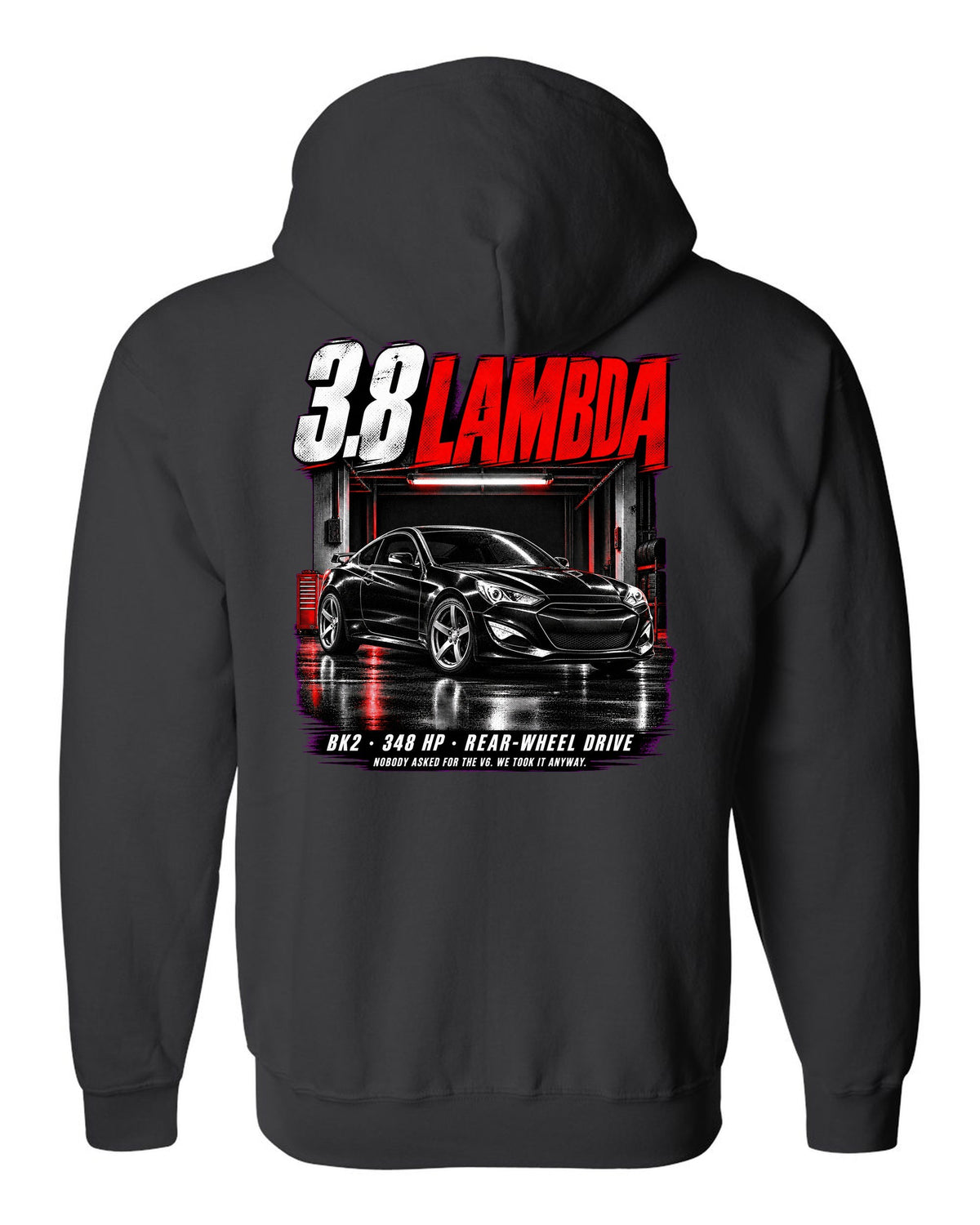 Hyundai Genesis Coupe BK2 3.8 Track in a garage at night with spec text black zip hoodie back view with the design