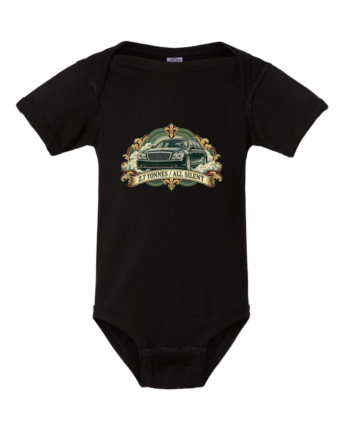 Engraved banknote style etching of a Maybach 57 W240 with 2.7 Tonnes All Silent text black baby onesie front view with the design