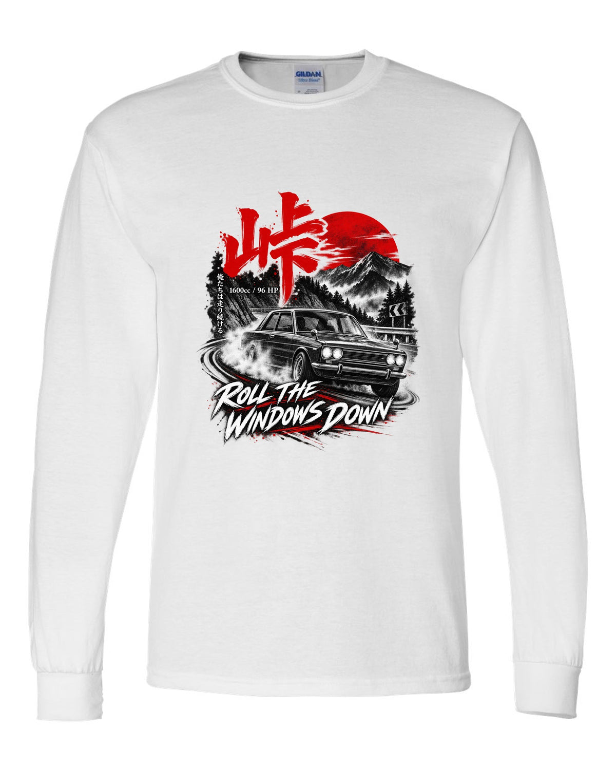 print of a Datsun 510 PL510 sedan on a mountain road at night with touge kanji white long sleeve front view with the design