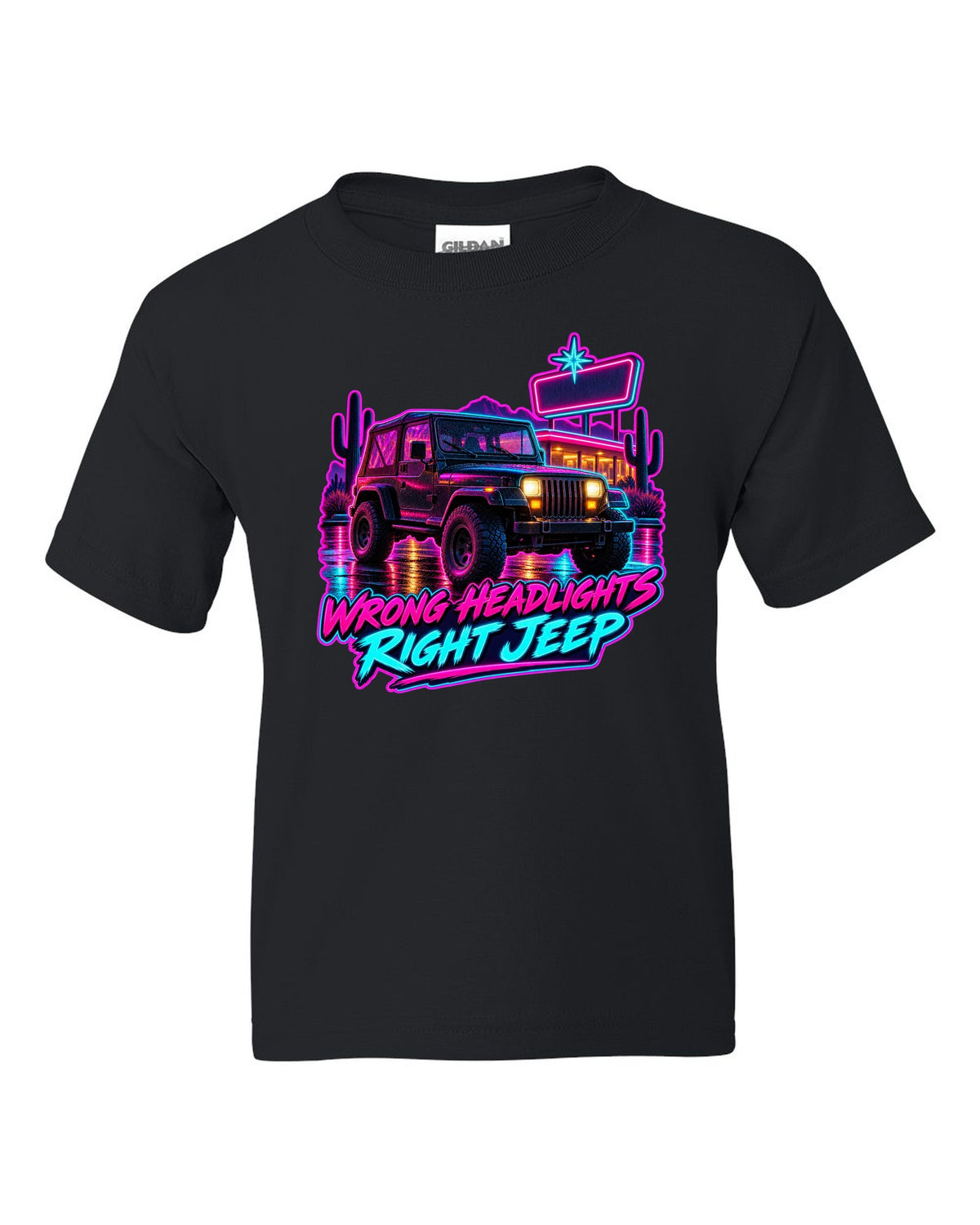 Synthwave diner scene illustration of a Jeep Wrangler YJ with WRONG HEADLIGHTS RIGHT JEEP lettering black kids tee front view with the design