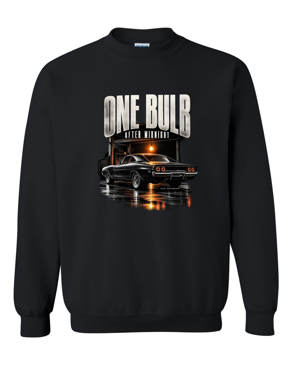 1969 Dodge Charger R/T B-body garage night print with one bulb after midnight lettering black crewneck front view with the design