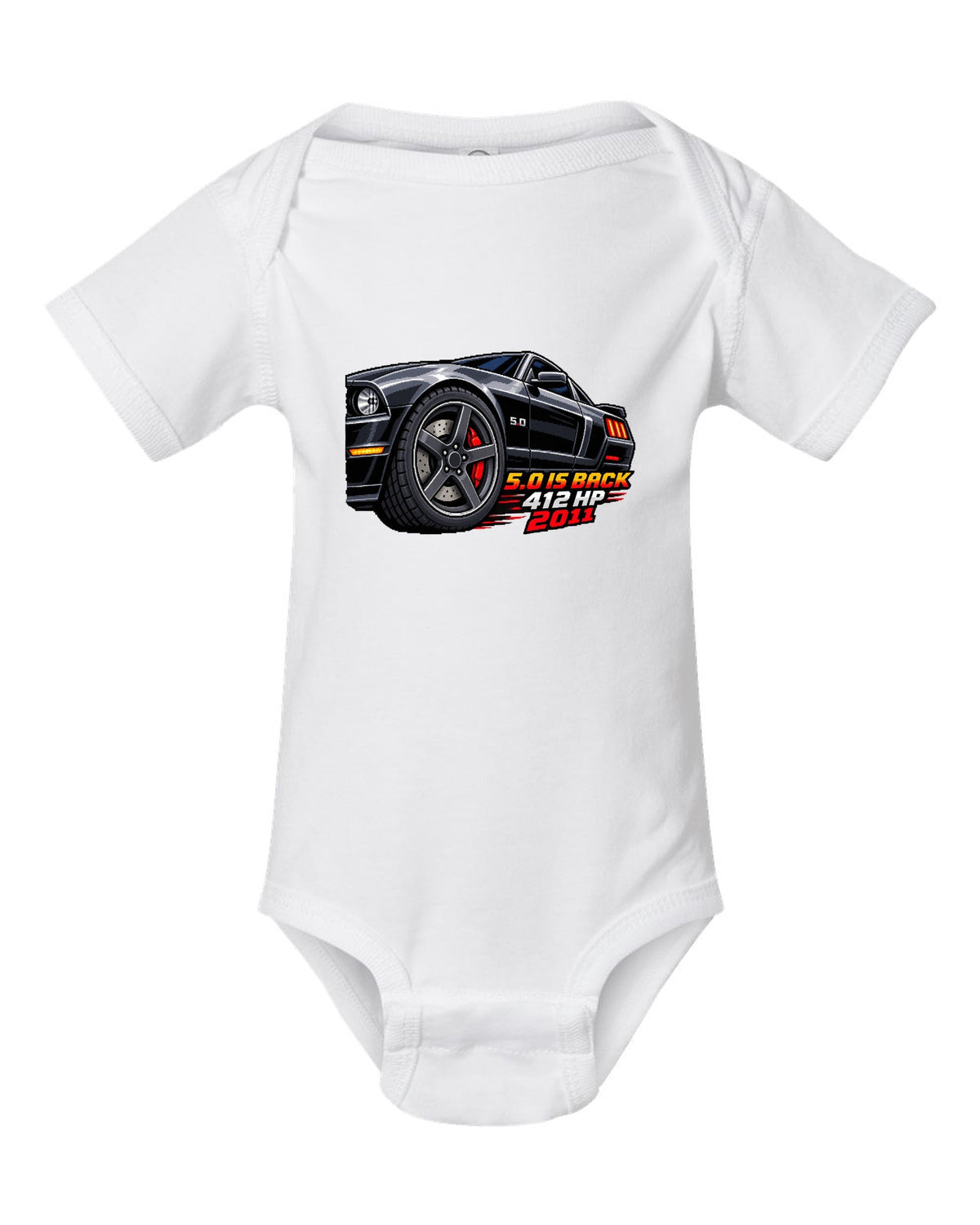 16-bit pixel art print of a Ford Mustang S197 GT wheel with 5.0 is back 412 HP text white baby onesie front view with the design