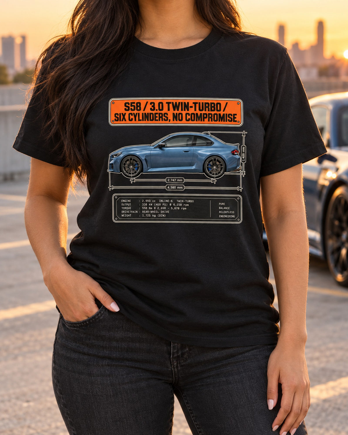 BMW M2 G87 Dimension Blueprint Tee, S58 Six-Cylinder Car Shirt T-Shirt Black worn hero