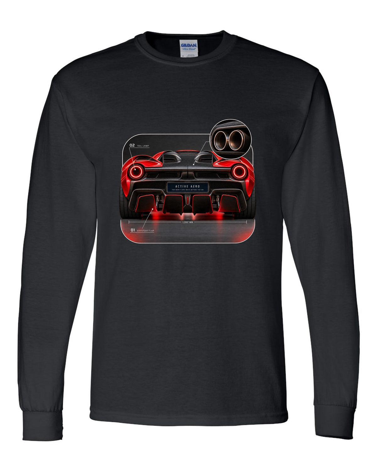 Ferrari LaFerrari taillight macro print with active aero caption black long sleeve front view with the design