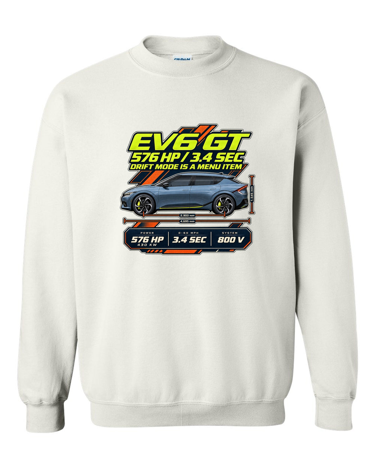 Kia EV6 GT spec poster print on a shirt white crewneck front view with the design