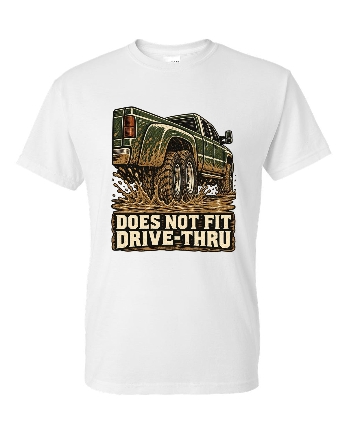 Woodcut print of a 1994-1998 Dodge Ram 3500 dually Cummins with drive-thru text white t-shirt front view with the design