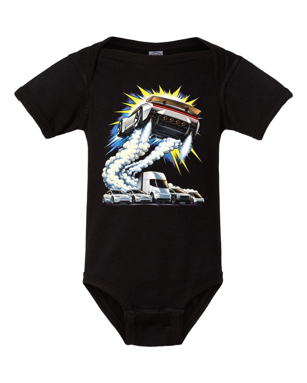 Tesla Roadster The Jump Baby Onesie Black front