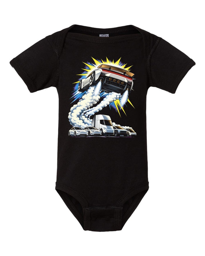 Tesla Roadster The Jump Baby Onesie Black front