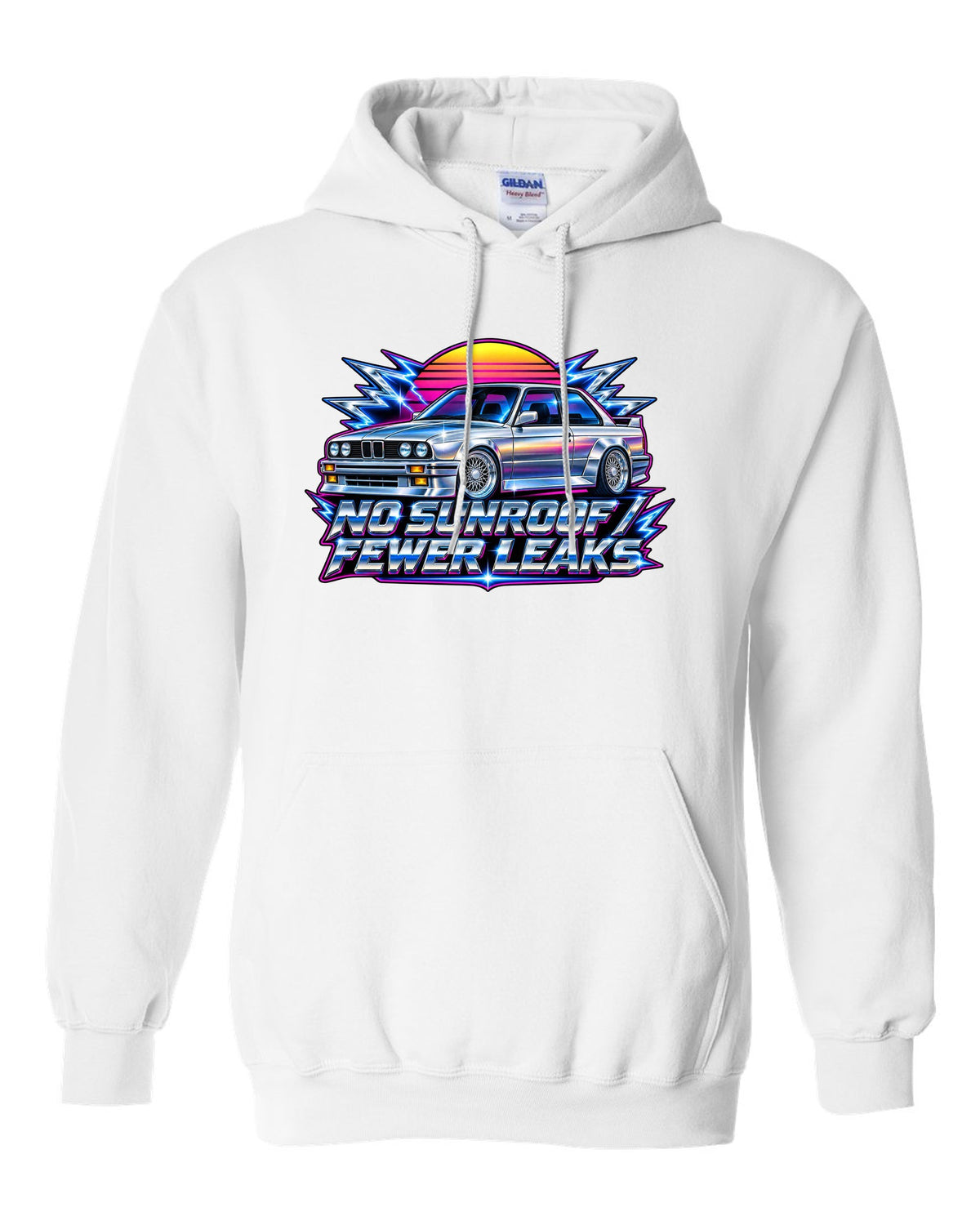 80s chrome airbrush print of a BMW E30 M3 with no sunroof fewer leaks text white pull over hoodie front view with the design