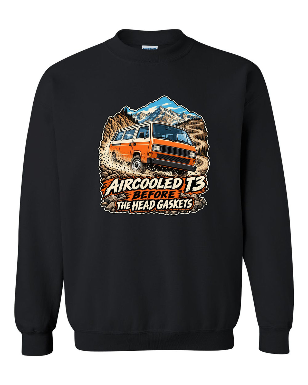 Vintage race poster style VW Vanagon T3 on a dusty pass with aircooled T3 before the head gaskets text black crewneck front view with the design