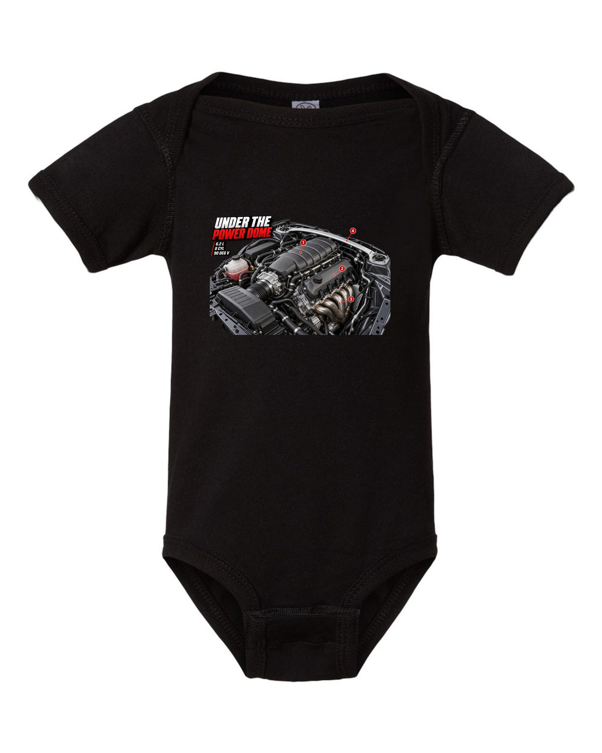 print of the Mercedes C63 AMG W204 M156 engine bay with the text Under The Power Dome black baby onesie front view with the design