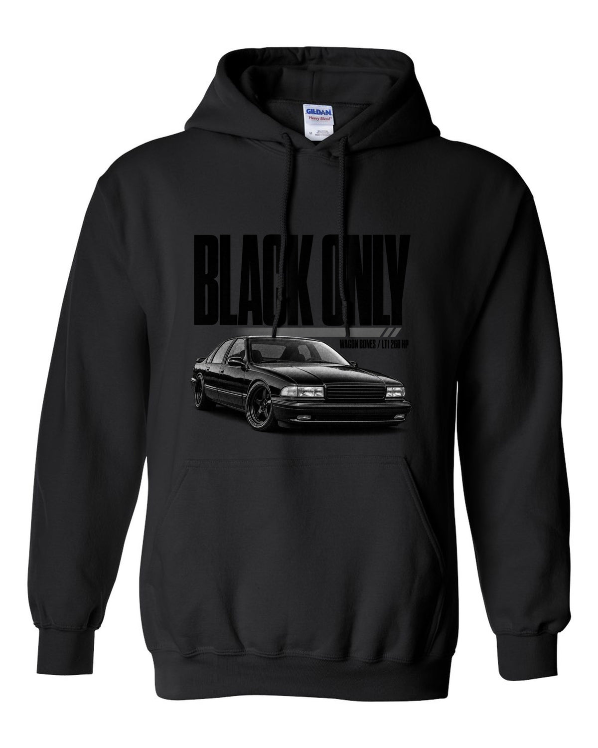 1994 Impala SS front three-quarter halftone print with LT1 text black pull over hoodie front view with the design