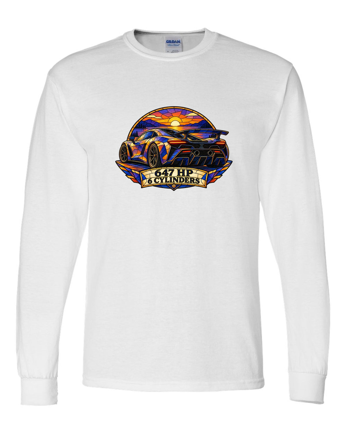 Ford GT 2017-2022 buttress profile in a stained-glass geometric print white long sleeve front view with the design