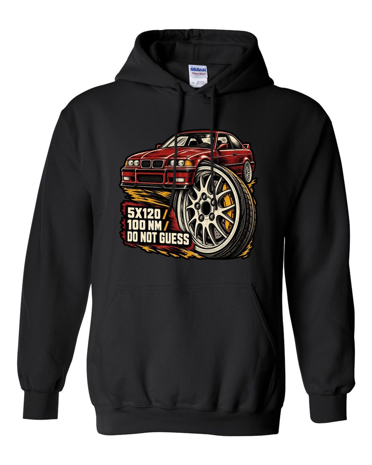 Linocut woodcut lug nut design for a BMW E36 M3 coupe with 5x120 and 100 Nm text black pull over hoodie front view with the design