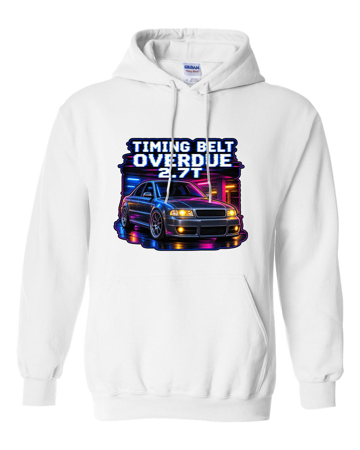 VHS lo-fi print of an Audi S4 B5 with Timing Belt Overdue and 2.7T text white pull over hoodie front view with the design