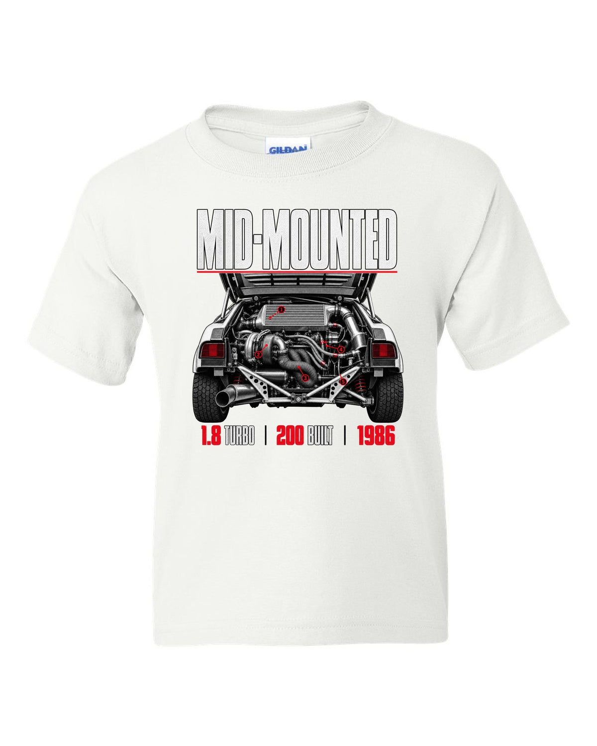 Ford RS200 Group B engine close-up print with mid-mounted turbo text white kids tee front view with the design