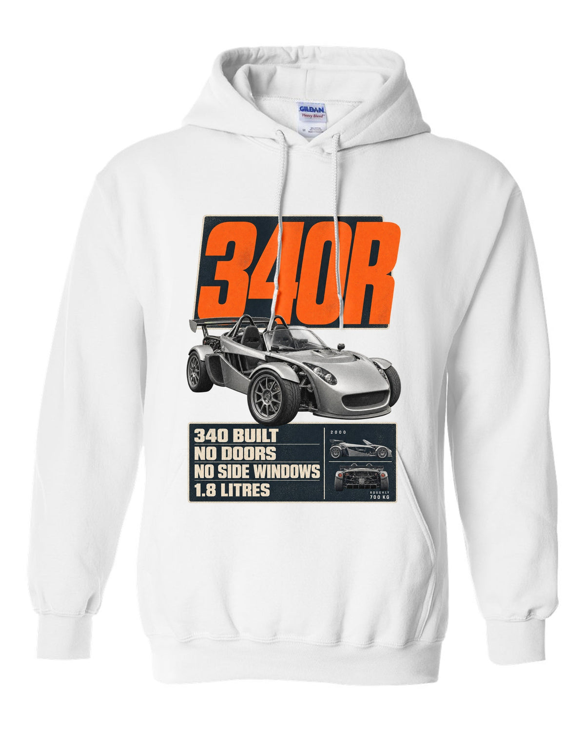 Lotus Elise 340R doorless roadster editorial headline print design white pull over hoodie front view with the design