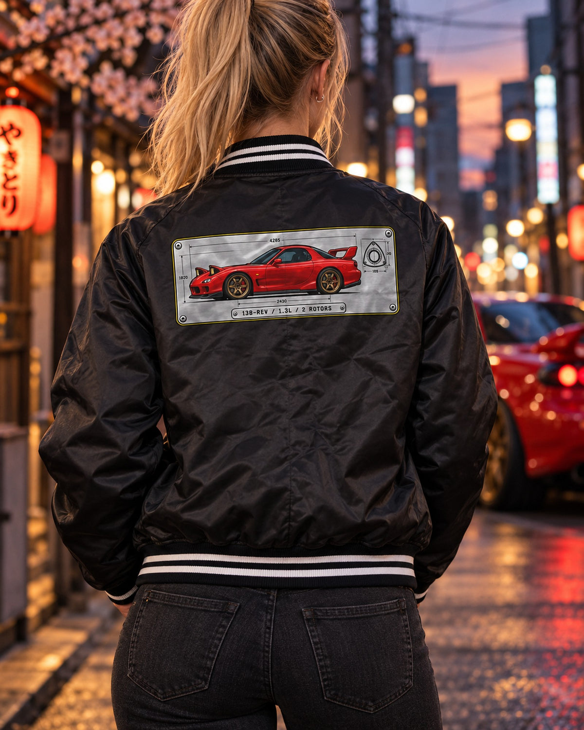 Mazda RX-7 FD3S 13B-REW Rotary Data Plate Tee Bomber Jacket Black worn hero