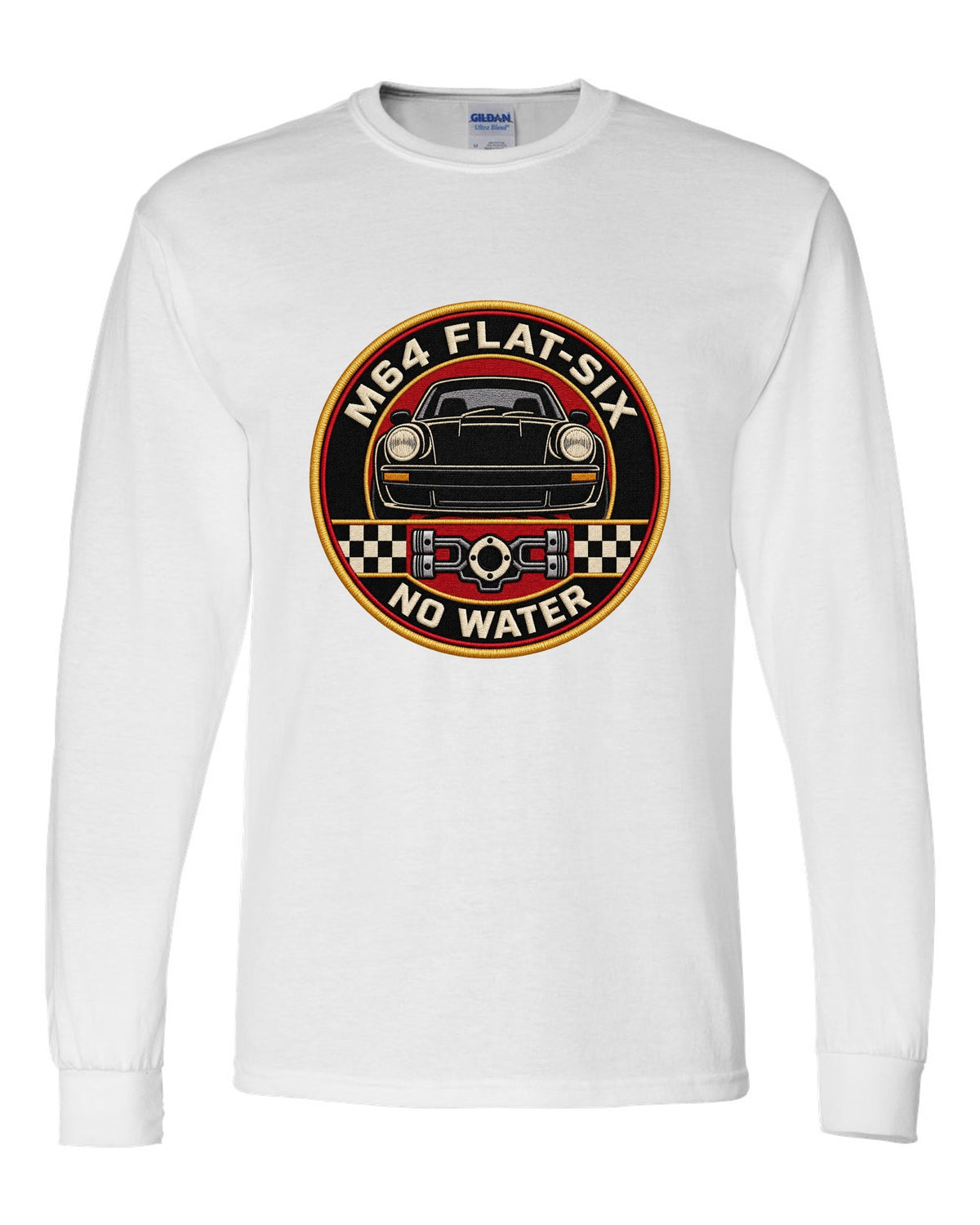 Round embroidery-style crest print for the Porsche 911 Turbo 964 with M64 flat-six no water lettering white long sleeve front view with the design
