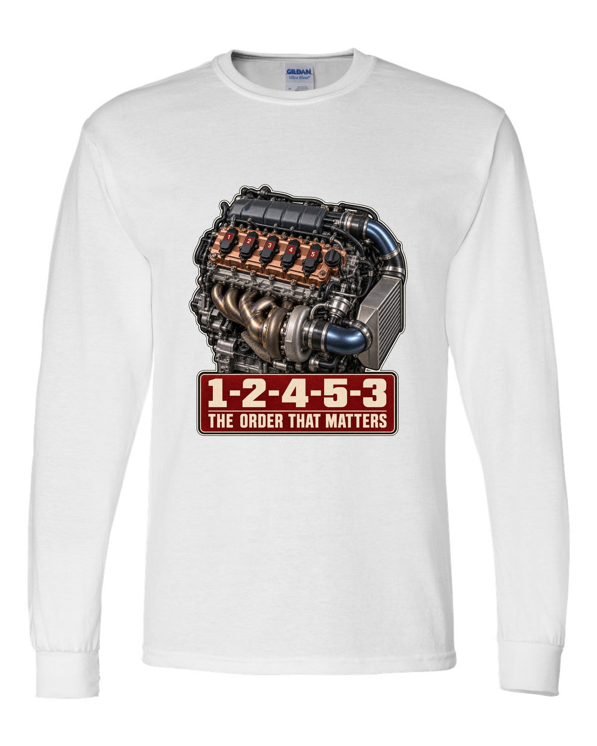 Audi TT RS 8S 2.5 TFSI five-cylinder engine poster with firing order white long sleeve front view with the design
