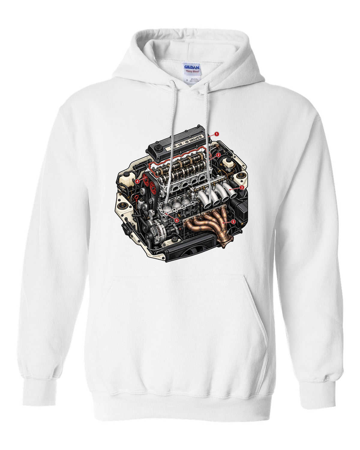 Exploded cutaway engine illustration for a Mercedes 190E 2.5-16 Evo II W201 white pull over hoodie front view with the design