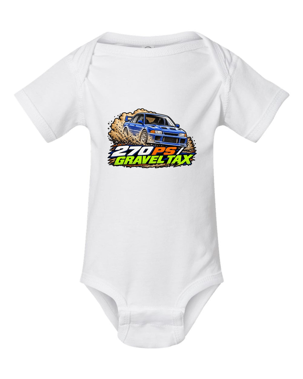 Mitsubishi Lancer Evolution III CE9A in grainy 90s rally magazine halftone, 270 PS / GRAVEL TAX white baby onesie front view with the design
